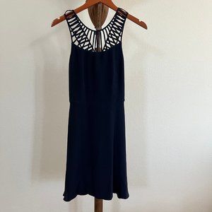 Parker Size XS Navy Blue Sleeveless Cage V-Neck Silk Fit & Flare Mini Dress